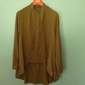 Women's olive green rare high low overlap long sleeves button down shirt Sz L